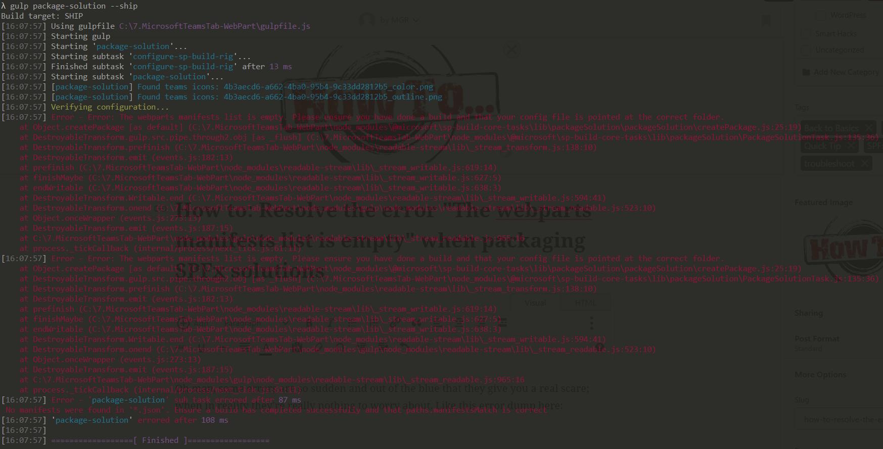A snapshot of the console, displaying a list of scary looking errors thrown after running gulp package-solution --ship