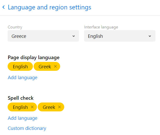 Snapshot of the Language and Region settings in Yandex Browser